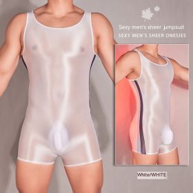 Men's Tight Thin Transparent High Elastic Stitching Shiny Jumpsuit (Option: White-Free Size)