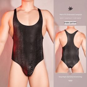 Seductive PU Embossed Sexy Leather Tight Hot Sexy Jumpsuit (Option: Snakeskin Print-Free Size)